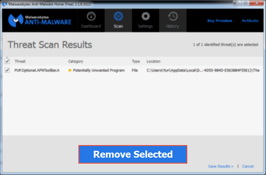 MalwareBytes: Remove Selected