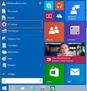 Windows 10: Start Menu > PC Settings