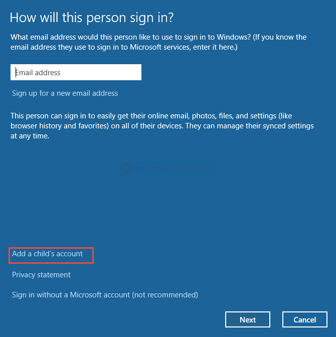 Windows 10: Add a Child's Account
